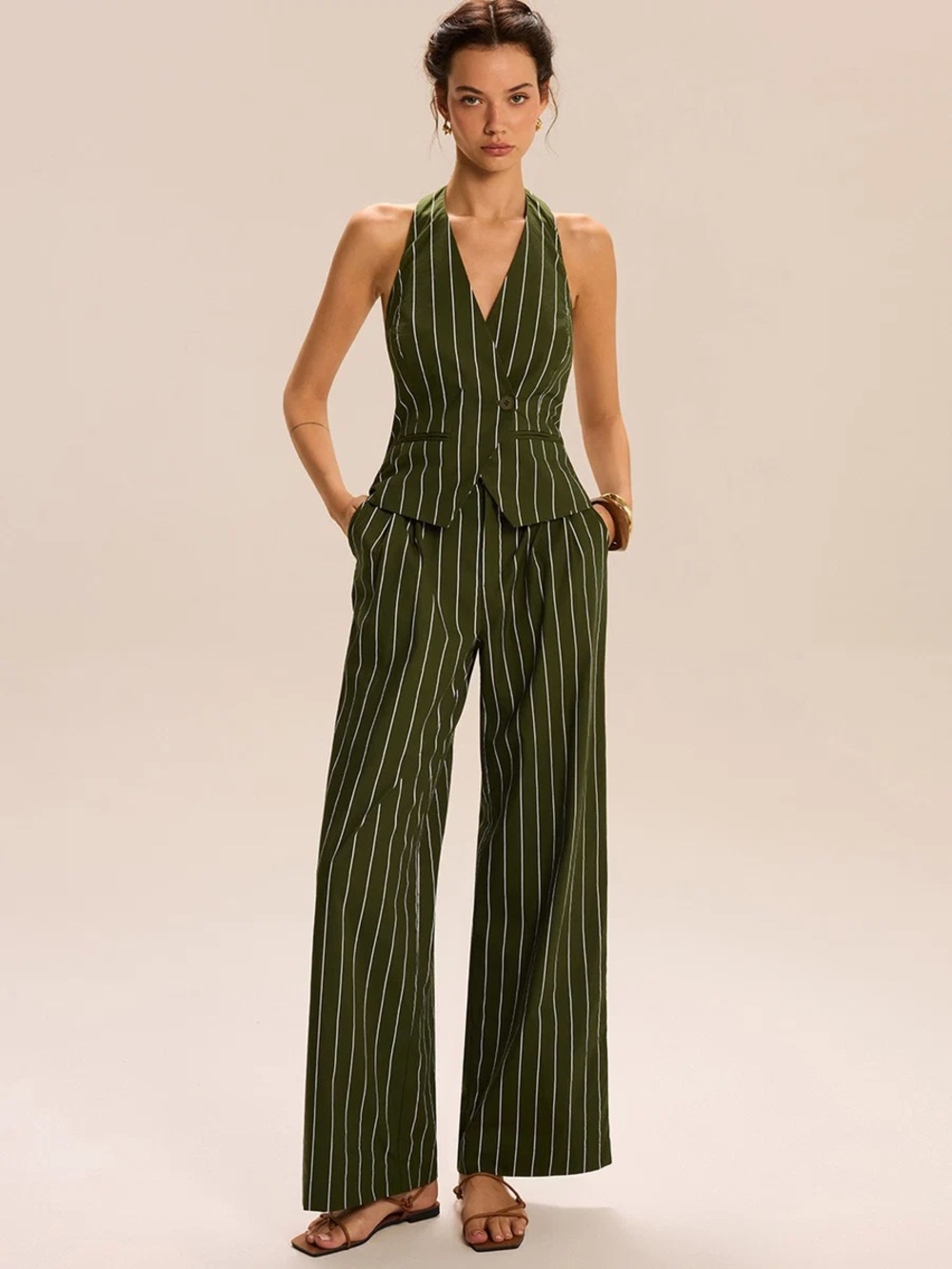 Commense  Striped Halter-Neck Vest and Wide-Leg Pants Set